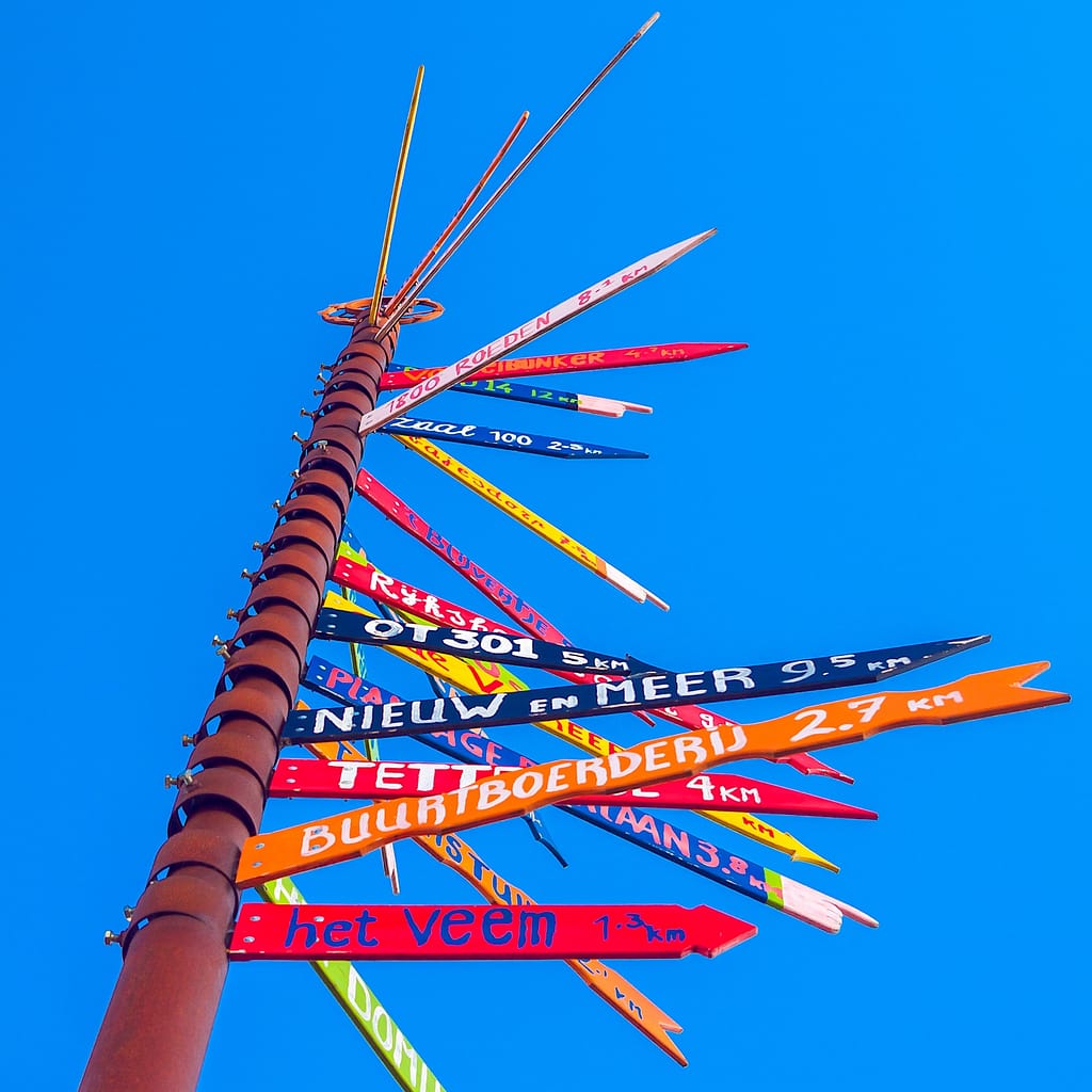 Direction arrows showing distance in kilometres from Amsterdam