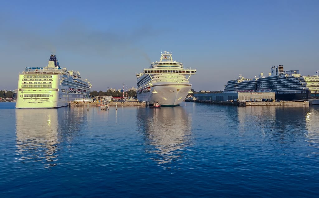 Three cruise ships in port in Victoria, Canada